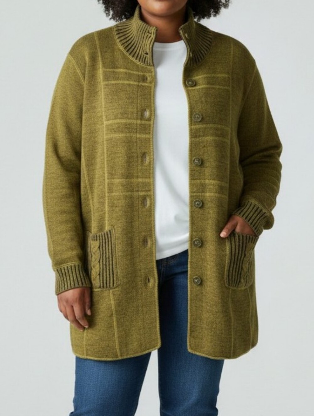 Sahalie Wool Reversible Mockneck Long Cardigan Sweater XL Chartreuse Brown